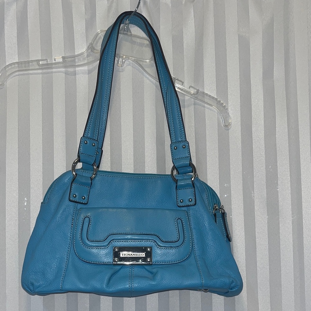 Tignanello Sky Blue Shoulder Bag w/Double Straps, Genuine Leather